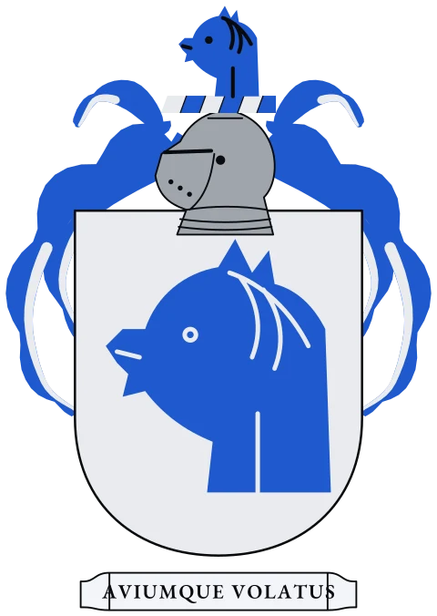 A silver shield with a blue horse's head, cut clean at the neck. Motto: Aviumque volatus.