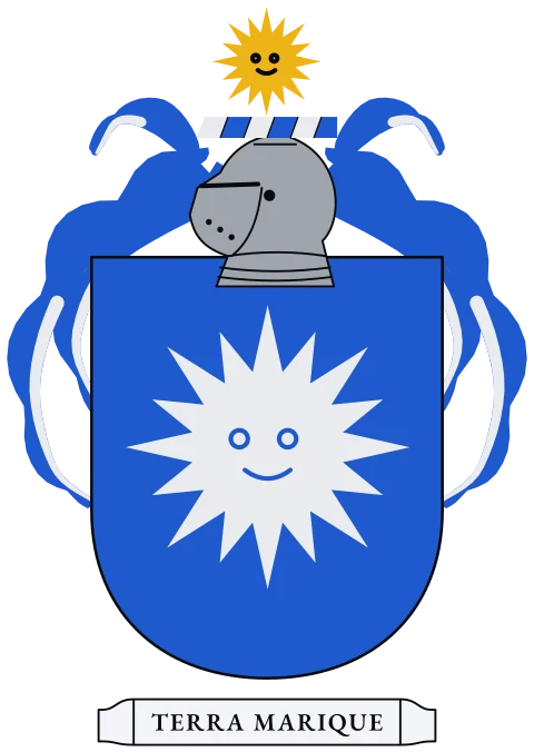 A blue shield with a silver blazing sun. Motto: Terra marique.