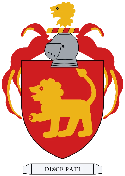 A red shield with a gold lion walking. Motto: Disce pati.