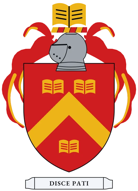 A red shield with a gold chevron between three gold books. Motto: Disce pati.