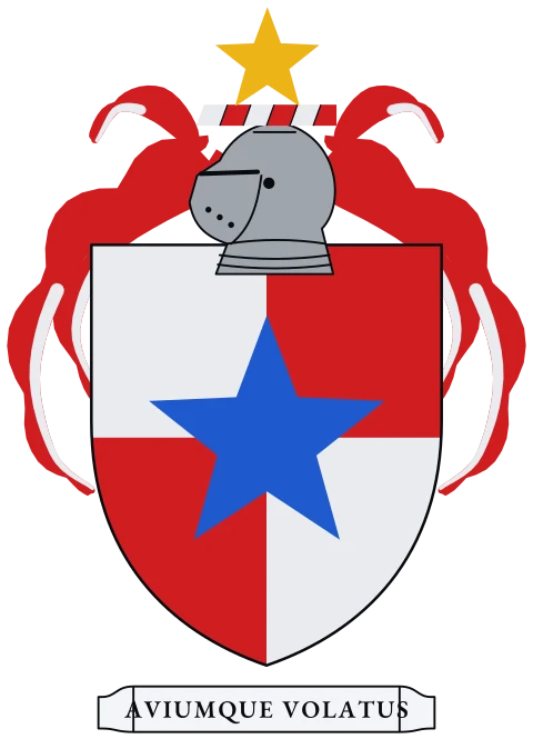 A shield quartered, silver and red, with a blue star. Motto: Aviumque volatus.