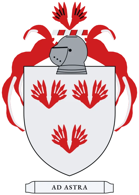 A silver shield with three red pairs of wings. Motto: Ad astra.