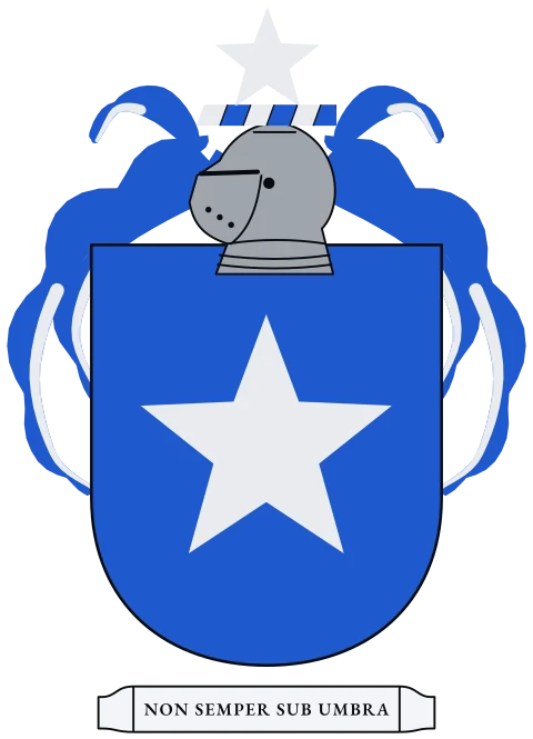 A blue shield with a silver star. Motto: Non semper sub umbra.
