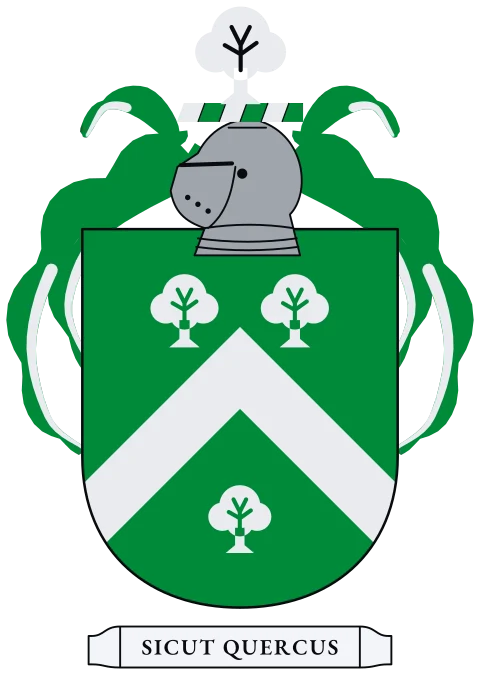A green shield with a silver chevron between three silver trees. Motto: Sicut quercus.