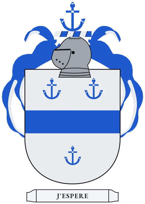 A silver shield with a blue fess between three blue anchors. Motto: J'espere.