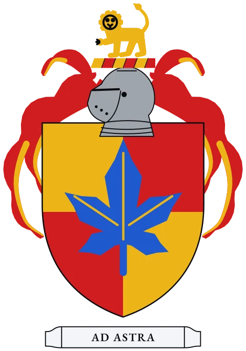 A shield quartered, gold and red, with a blue maple leaf. Motto: Ad astra.