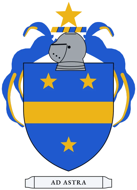 A blue shield with a gold fess between three gold stars. Motto: Ad astra.