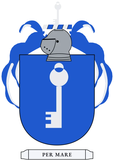 A blue shield with a silver key. Motto: Per mare.