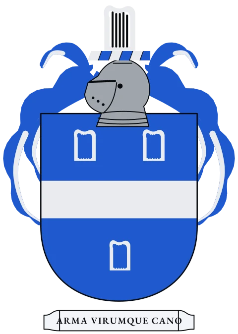 A blue shield with a silver fess between three silver harps. Motto: Arma virumque cano.