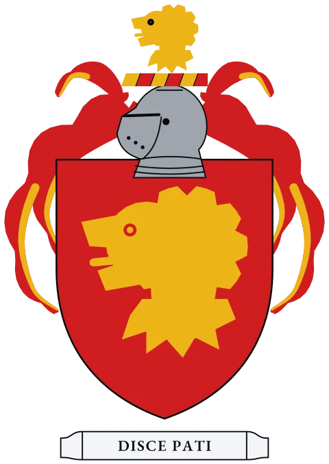 A red shield with a gold lion's head, ragged at the neck. Motto: Disce pati.
