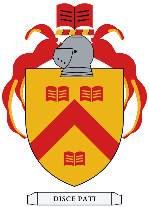 A gold shield with a red chevron between three red books. Motto: Disce pati.
