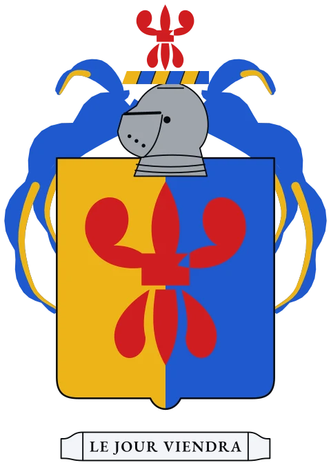 A shield split down the middle, gold and blue, with a red fleur-de-lis. Motto: Le jour viendra.
