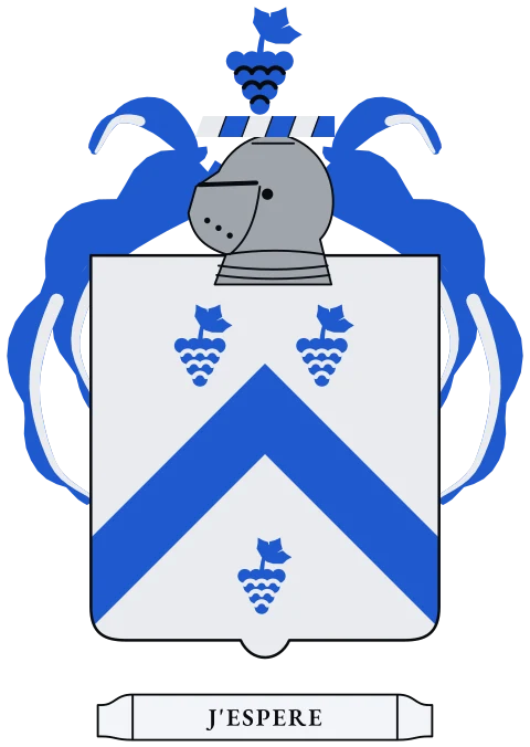 A silver shield with a blue chevron between three blue bunches of grapes. Motto: J'espere.