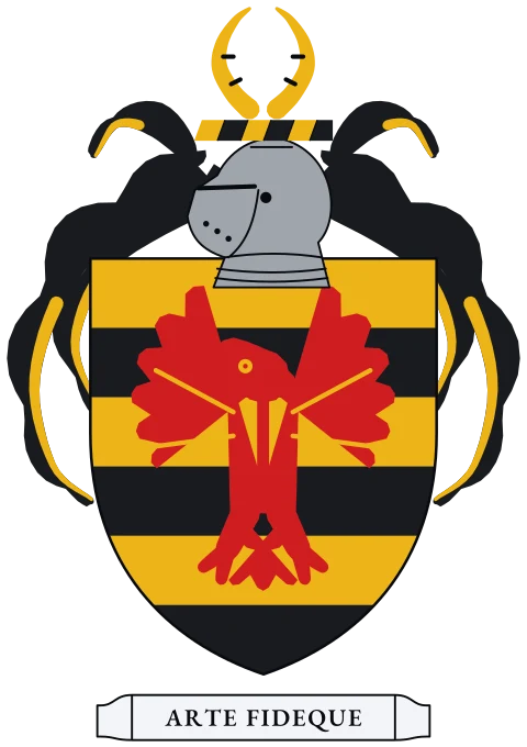 A shield in six horizontal stripes of gold and black with a red eagle with wings spread. Motto: Arte fideque.