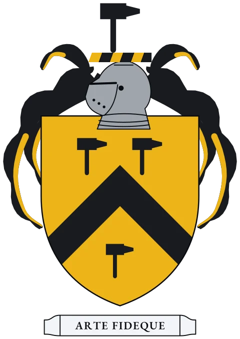 A gold shield with a black chevron between three black hammers. Motto: Arte fideque.