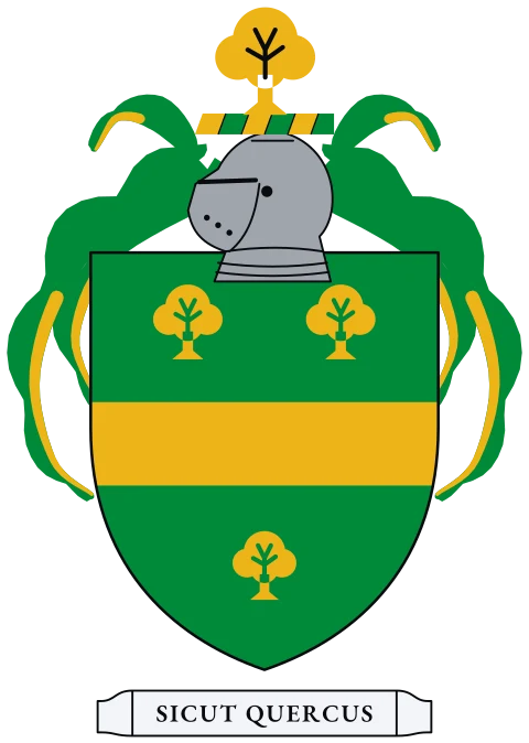 A green shield with a gold fess between three gold trees. Motto: Sicut quercus.