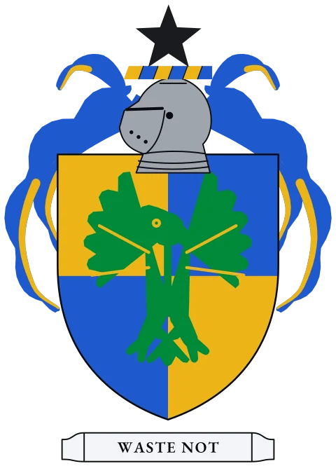 A shield quartered, gold and blue, with a green eagle with wings spread. Motto: Waste not.