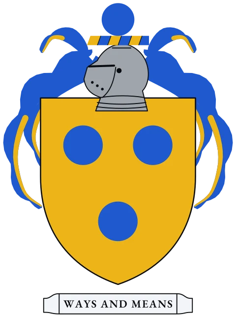 A gold shield with three blue discs. Motto: Ways and means.