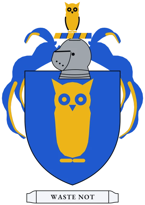 A blue shield with a gold owl with wings closed. Motto: Waste not.