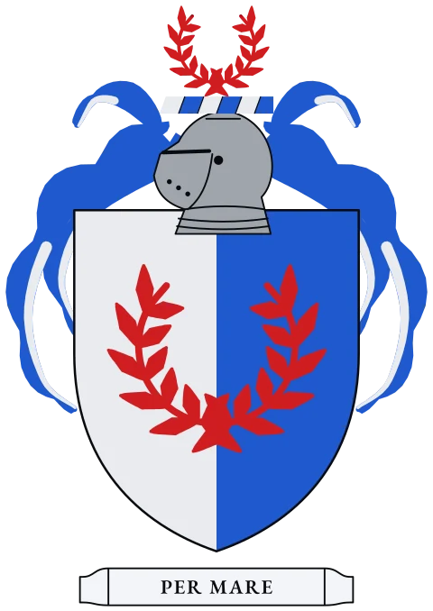A shield split down the middle, silver and blue, with a red laurel wreath. Motto: Per mare.