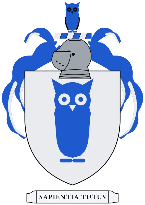 A silver shield with a blue owl with wings closed. Motto: Sapientia tutus.