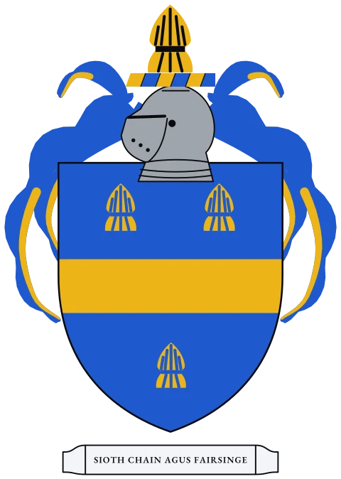 A blue shield with a gold fess between three gold wheat sheaves. Motto: Sioth chain agus fairsinge.