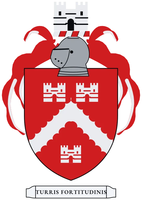 A red shield with a silver chevron with scalloped edges between three silver castles. Motto: Turris fortitudinis.