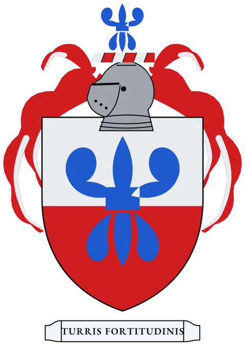 A shield split across the middle, silver and red, with a blue fleur-de-lis. Motto: Turris fortitudinis.