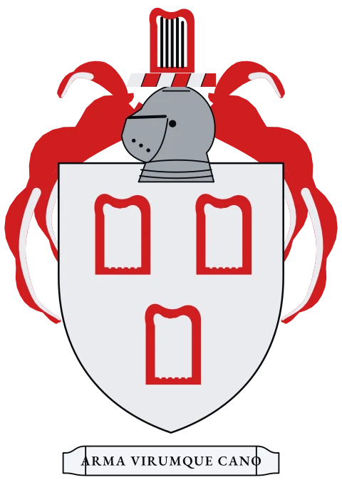 A silver shield with three red harps. Motto: Arma virumque cano.