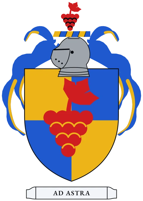 A shield quartered, gold and blue, with a red bunch of grapes. Motto: Ad astra.