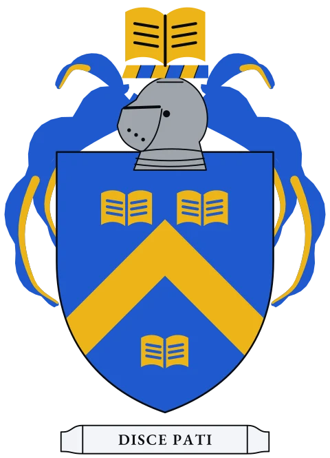 A blue shield with a gold chevron between three gold books. Motto: Disce pati.