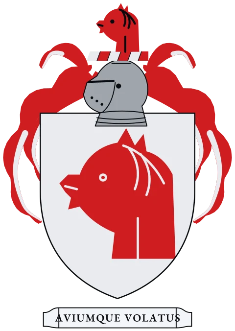 A silver shield with a red horse's head, cut clean at the neck. Motto: Aviumque volatus.