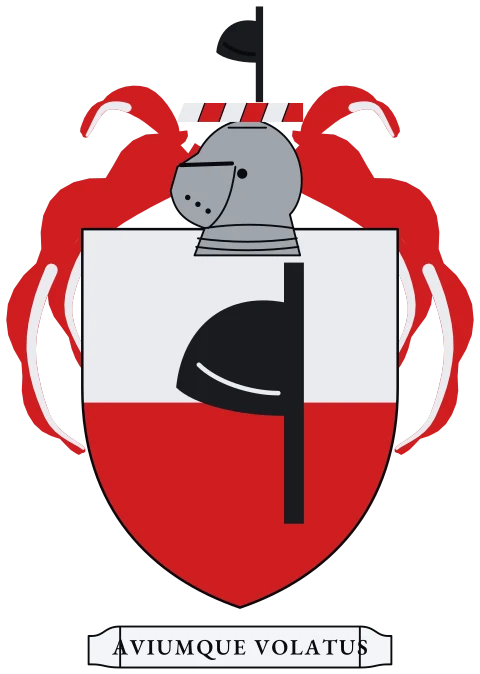 A shield split across the middle, silver and red, with a black axe. Motto: Aviumque volatus.