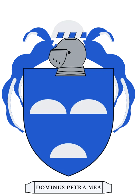 A blue shield with three silver hills. Motto: Dominus petra mea.