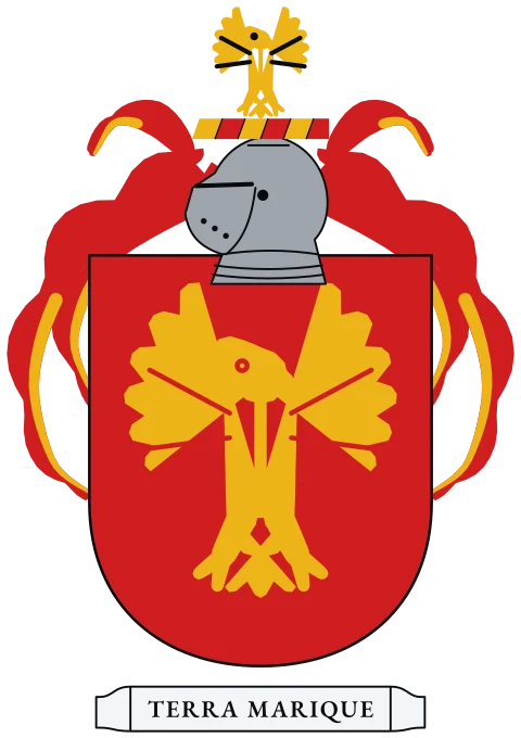 A red shield with a gold eagle with wings spread. Motto: Terra marique.