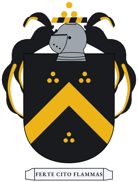 A black shield with a gold chevron between three gold three-spark clusters. Motto: Ferte cito flammas.