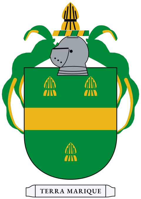 A green shield with a gold fess between three gold wheat sheaves. Motto: Terra marique.
