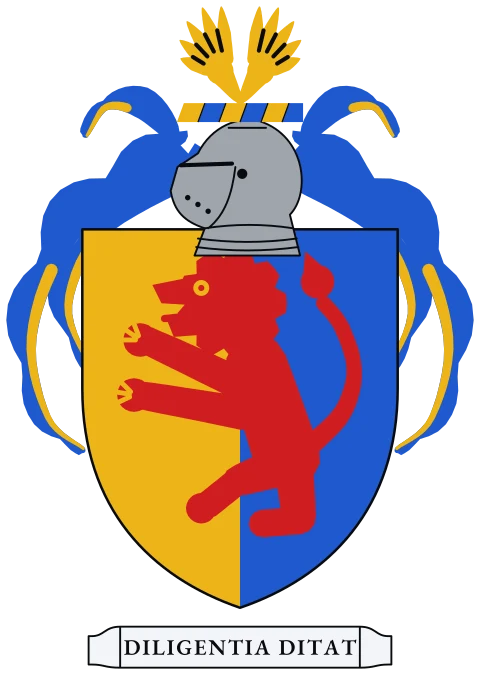 A shield split down the middle, gold and blue, with a red lion standing upright. Motto: Diligentia ditat.