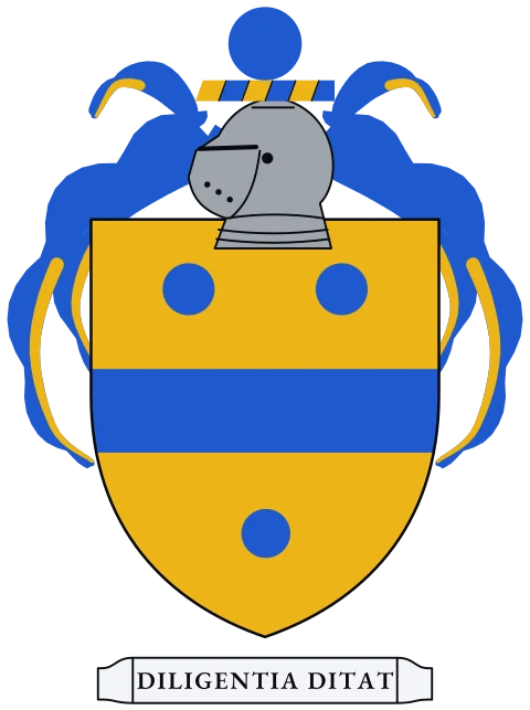 A gold shield with a blue fess between three blue discs. Motto: Diligentia ditat.