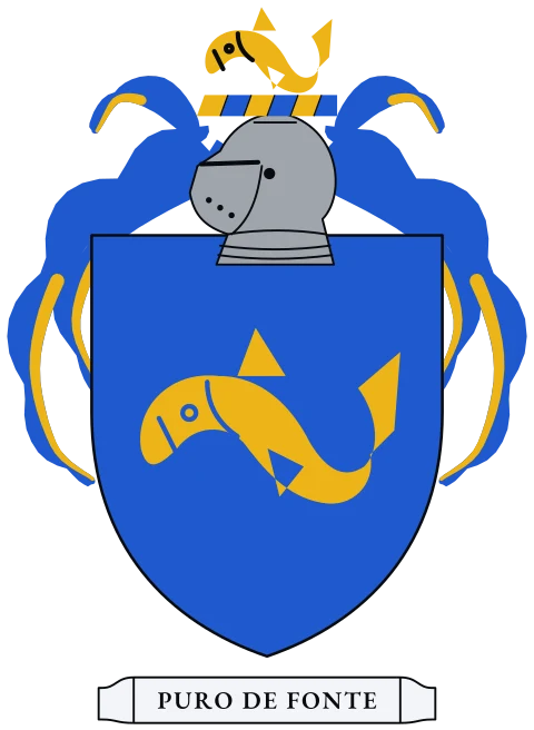 A blue shield with a gold dolphin swimming. Motto: Puro de fonte.