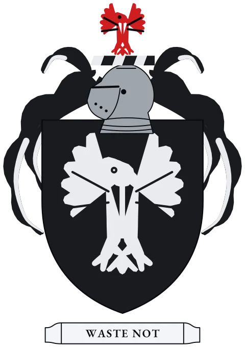 A black shield with a silver eagle with wings spread. Motto: Waste not.