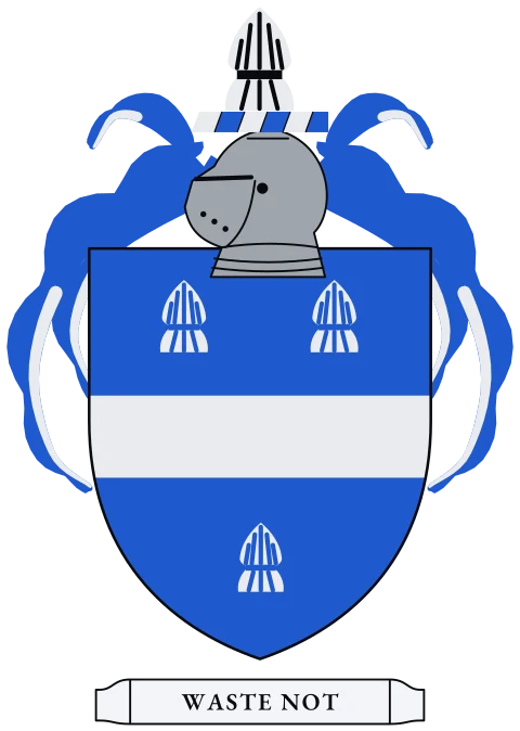 A blue shield with a silver fess between three silver wheat sheaves. Motto: Waste not.