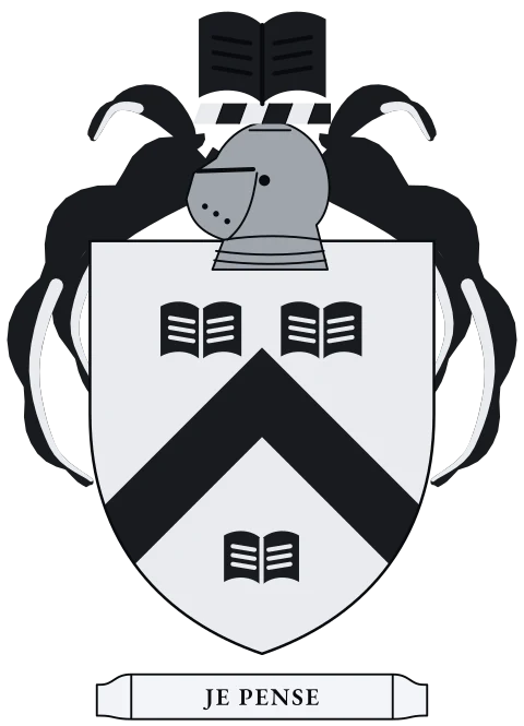 A silver shield with a black chevron between three black books. Motto: Je pense.
