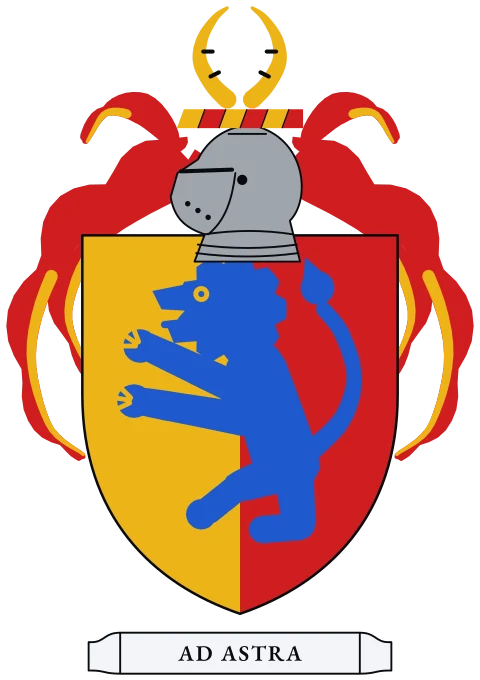 A shield split down the middle, gold and red, with a blue lion standing upright. Motto: Ad astra.