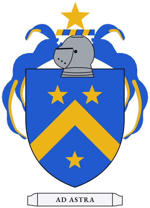 A blue shield with a gold chevron between three gold stars. Motto: Ad astra.
