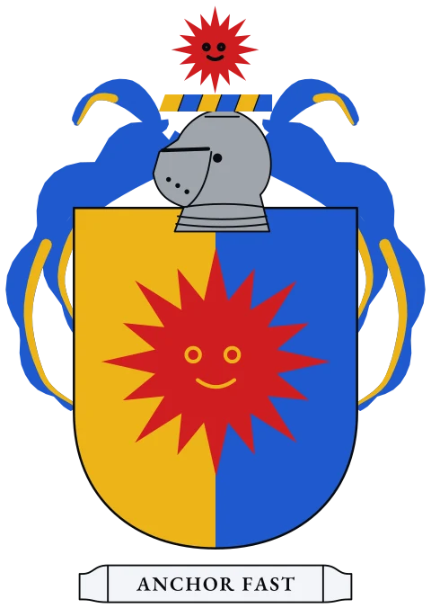 A shield split down the middle, gold and blue, with a red blazing sun. Motto: Anchor fast.