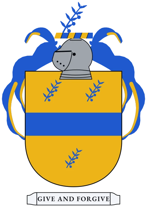 A gold shield with a blue fess between three blue olive branches. Motto: Give and forgive.