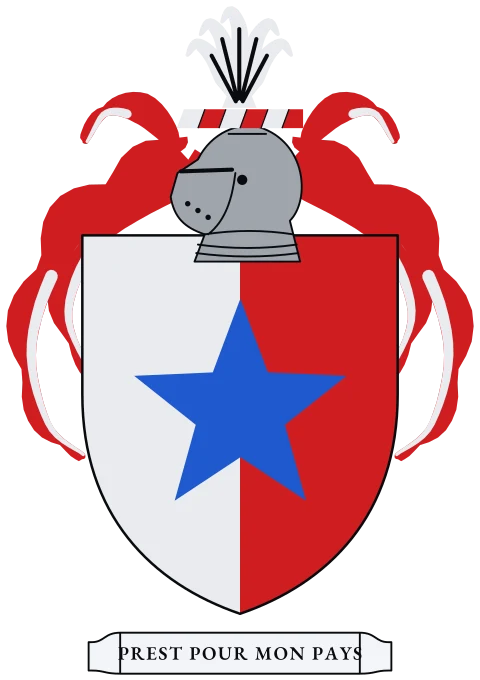 A shield split down the middle, silver and red, with a blue star. Motto: Prest pour mon pays.