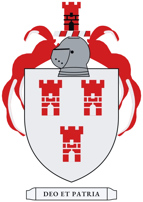 A silver shield with three red towers. Motto: Deo et patria.