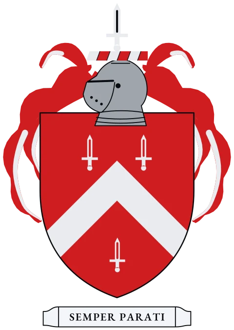 A red shield with a silver chevron between three silver swords. Motto: Semper parati.